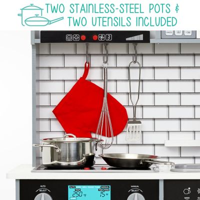 Image showing 5 th Lil' Jumbl Kitchen Set for Kids, Pretend Toddler Wooden Kitchen Playset, Realistic Sound, Pots & Pan, Gray