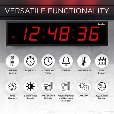 Image showing 5 th Ivation Digital LED Large Wall Clock with Stopwatch, Alarms, Timer, Temp and Remote, 24 in., Red