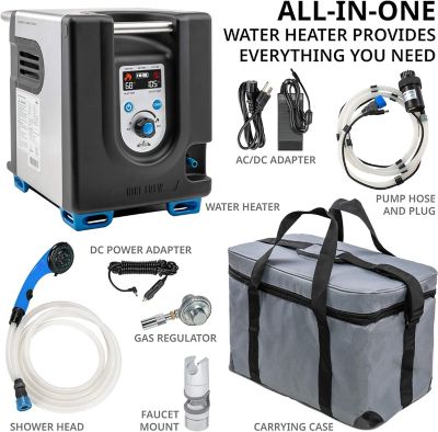Image showing  Portable Propane Water Heater and Shower Pump with Built-In Battery, 20 sq. ft., 19,437 BTU, Safety Shutoff & Case