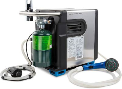 Image showing 6 th Hike Crew Portable Propane Water Heater and Shower Pump with Built-In Battery, 20 sq. ft., 19,437 BTU, Safety Shutoff & Case