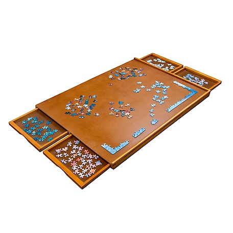 JUMBL Jumbl 1000-Piece Puzzle Board - 23 x 31 in. Wooden Puzzle Board with 4 Removable Drawers - Brown