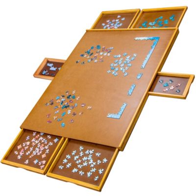 JUMBL 1500-Piece Puzzle Board - 27 x 35" Wooden Puzzle Board with 6 Removable Drawers - Brown