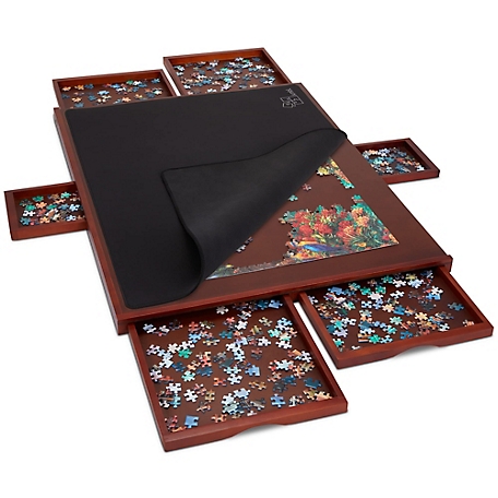 JUMBL Jumbl 1500-Piece Puzzle Board - 27 x 35 in. Wooden Puzzle Board with 6 Removable Drawers - Dark Brown