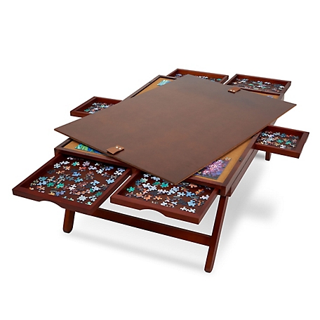 JUMBL Jumbl 1000-Piece Puzzle Board - 23 x 31 in. Wooden Puzzle Table with Felt Surface & 6 Drawers - Brown