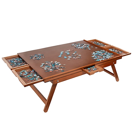 JUMBL Jumbl 1500-Piece Puzzle Board - 27 x 35 in. Wooden Puzzle Table with 6 Removable Drawers - Brown