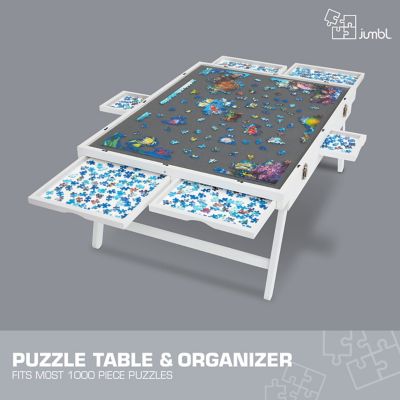 Image showing  Jumbl 1500-Piece Puzzle Board - 27 x 35 in. Wooden Puzzle Table with Felt Surface & 6 Drawers - White