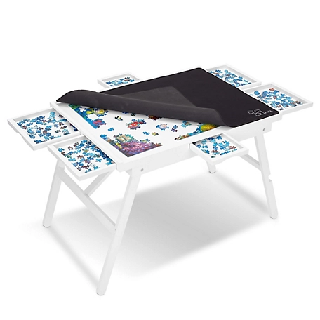 JUMBL 1500-Piece Puzzle Board - 27 x 35" Puzzle Table with Legs, Cover & 6 Removable Drawers - White