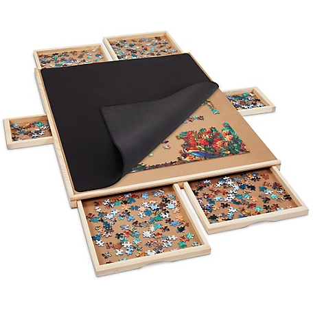 SkyMall 1500-Piece Puzzle Board - 27 x 35in. Wooden Puzzle Table with Mat & 6 Magnetic Drawers