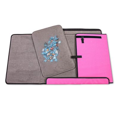 JUMBL 1500-Piece Puzzle Caddy, Portable Puzzle Board & Travel Case with 2 Trays & Handle - Pink