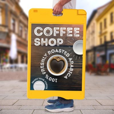 Image showing  A Frame Sandwich Board - 22 x 28 in. Display Sidewalk Sign with PVC Sign Protector, Yellow