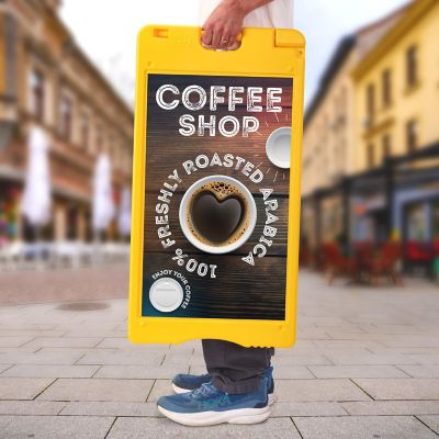 Image showing  A Frame Sandwich Board - 15.7 x 26 in. Display Sidewalk Sign with PVC Sign Protector, Yellow