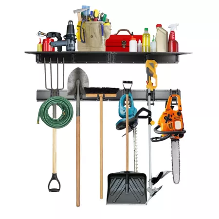 RaxGo 1-Shelf Garage Tool Storage Rack for Mop Rakes Shovels and More 12 Pieces. Mounted Garage Shelves