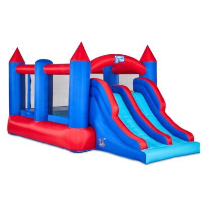 Sunny & Fun Inflatable Bounce House with Climbing Wall, Dual Slides, Air Pump & Case, Blue