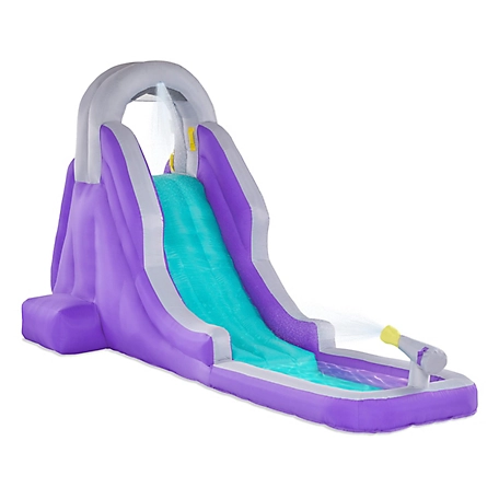 Sunny & Fun Compact Inflatable Water Slide Park with Climbing Wall, Slide & Small Pool - Purple