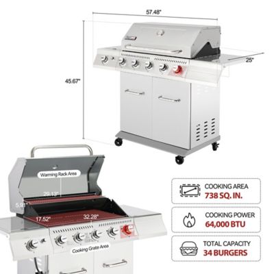 Image showing  5-Burner Deluxe Stainless Steel Propane Gas Grill with Cabinet, Gray, With Sear and Side Burner