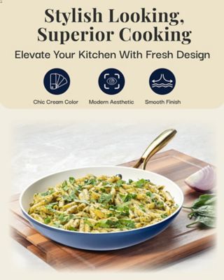 Image showing  Natural Collection 12 in. Frying Pan in Cream/Navy (Gold Handles)