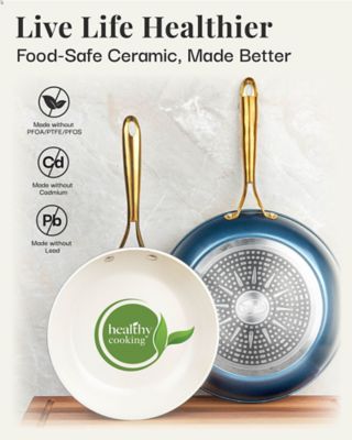 Image showing  Natural Collection 12 in. Frying Pan in Cream/Navy (Gold Handles)