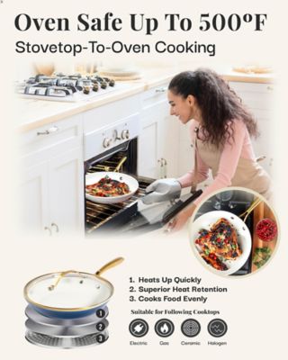 Image showing 6 th Gotham Steel Natural Collection 12 in. Frying Pan in Cream/Navy (Gold Handles)