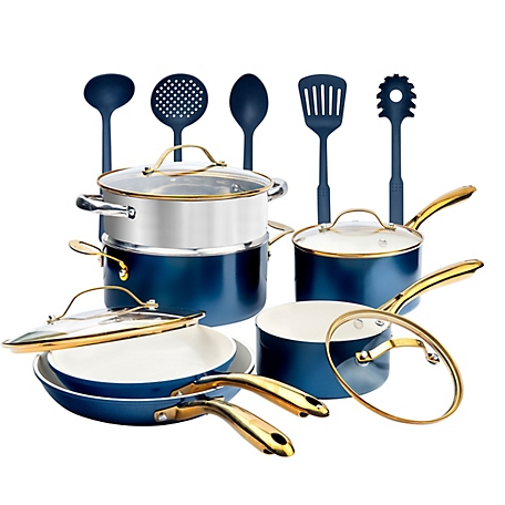Gotham Steel Natural Collection 15-Piece Cookware Set in Cream/Navy with Gold Handles