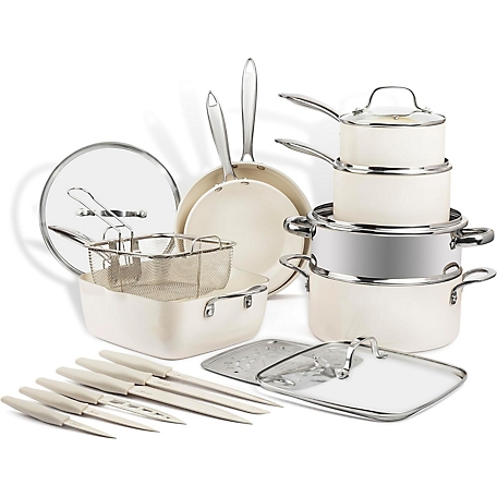 Gotham Steel Natural Collection 20-Piece Cookware Set in Cream with Stainless Steel Handles