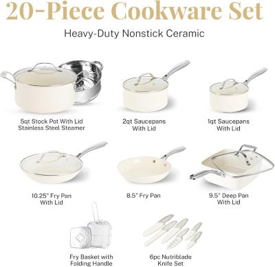 Image showing  Natural Collection 20-Piece Cookware Set in Cream with Stainless Steel Handles
