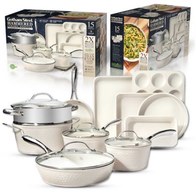 Gotham Steel Hammered Cream 15 pc. Cookware & Bakeware Set with Stainless Steel Handles