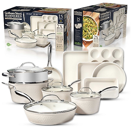 Gotham Steel Hammered Cream 15 pc. Cookware & Bakeware Set with Stainless Steel Handles