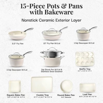Image showing  Hammered Cream 15 pc. Cookware & Bakeware Set with Stainless Steel Handles