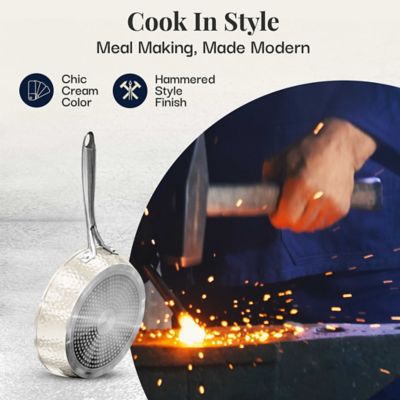 Image showing  Hammered Cream 15 pc. Cookware & Bakeware Set with Stainless Steel Handles