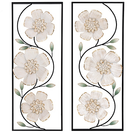 LuxenHome Off White and Gold Magnolia Flowers Black Metal Rectangular Wall Decor, Set of 2