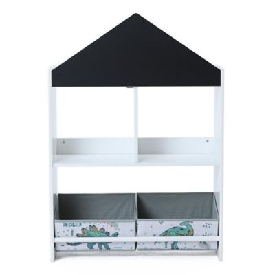LuxenHome Children's Multi-Functional Dinosaur House Bookcase Toy Storage Bin Floor Cabinet with Blackboard