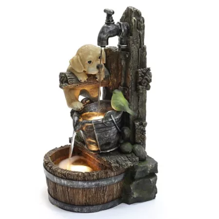 LuxenHome WHF1843 Resin Outdoor Fountain with Faucet Puppy on the Farm with Lights Fountains