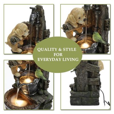 Image showing 5 th LuxenHome Puppy at the Farmhouse Faucet Resin Outdoor Fountain with Lights
