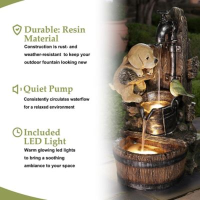 Image showing 7 th LuxenHome Puppy at the Farmhouse Faucet Resin Outdoor Fountain with Lights