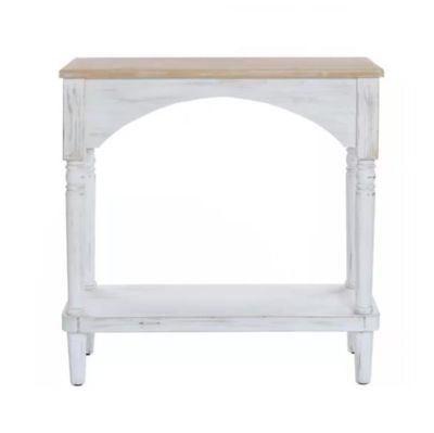 LuxenHome Farmhouse White and Natural Wood Single Shelf Console Table