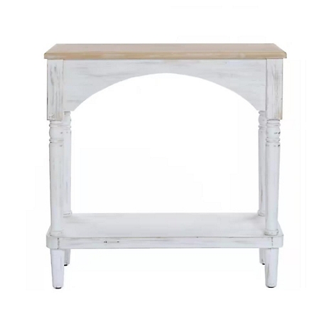 LuxenHome Farmhouse White and Natural Wood Single Shelf Console Table