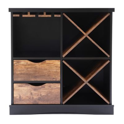 LuxenHome Black and Brown Wood 2-Drawer X-Storage Wine Cabinet