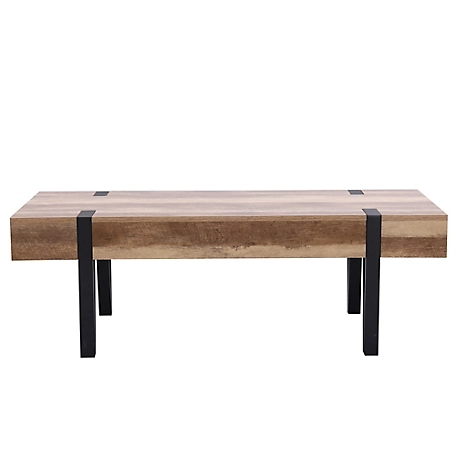 LuxenHome Oak Finish MDF Wood Black Metal 2-Drawer Coffee Table