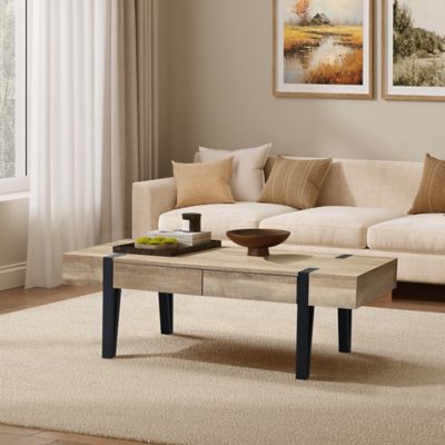 Image showing  Oak Finish MDF Wood Black Metal 2-Drawer Coffee Table