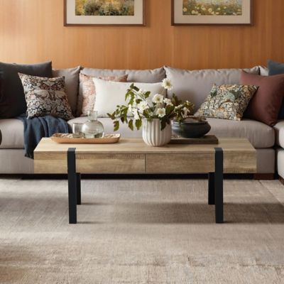 Image showing  Oak Finish MDF Wood Black Metal 2-Drawer Coffee Table