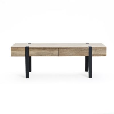 Image showing  Oak Finish MDF Wood Black Metal 2-Drawer Coffee Table