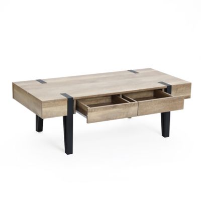 Image showing 5 th LuxenHome Oak Finish MDF Wood Black Metal 2-Drawer Coffee Table
