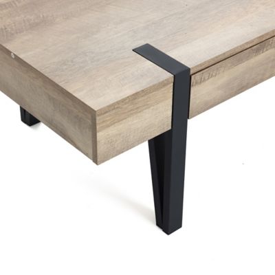 Image showing 7 th LuxenHome Oak Finish MDF Wood Black Metal 2-Drawer Coffee Table