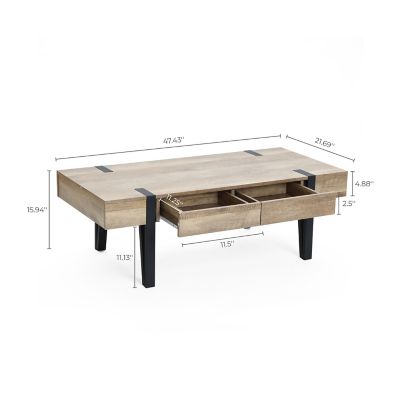 Image showing 8 th LuxenHome Oak Finish MDF Wood Black Metal 2-Drawer Coffee Table
