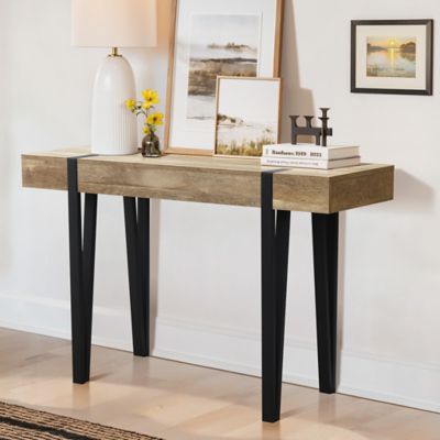 Image showing  Oak Finish MDF Wood Black Metal Console Entry Table