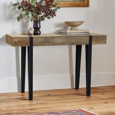 Image showing  Oak Finish MDF Wood Black Metal Console Entry Table
