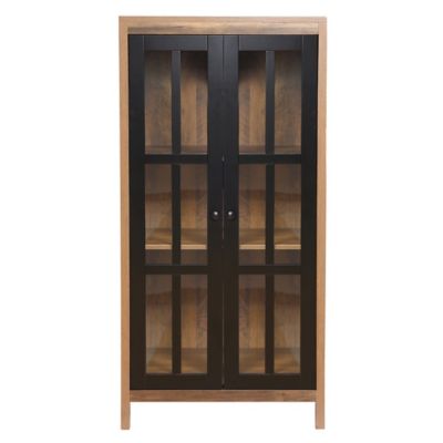 LuxenHome Natural Wood Glass Doors 47.25 in. H Accent Curio Cabinet