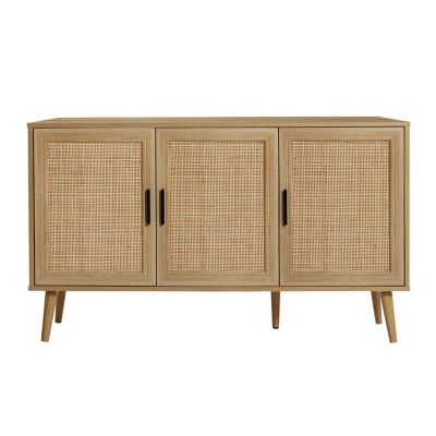 LuxenHome 47.2 in. Wide 3-Door Rattan Light Oak Finish Wood Sideboard Cabinet
