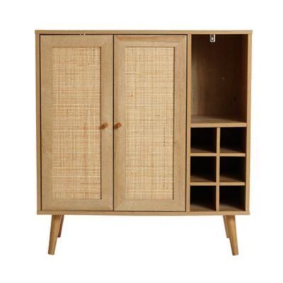 LuxenHome 35 in. Tall 2-Door Rattan Light Oak Finish Wood Wine and Storage Cabinet