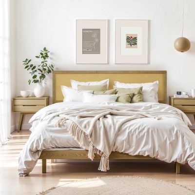 Image showing  Oak Finish Manufactured Wood with Rattan Panel Headboard